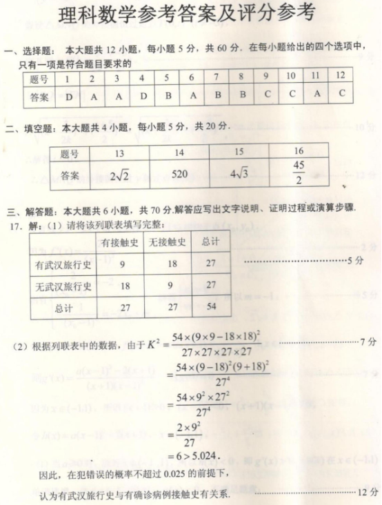 2020新疆高考理科数学押题卷（含答案）